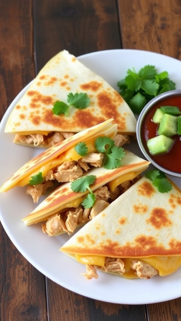 Sliced chicken and cheese quesadillas on a plate with salsa and guacamole.